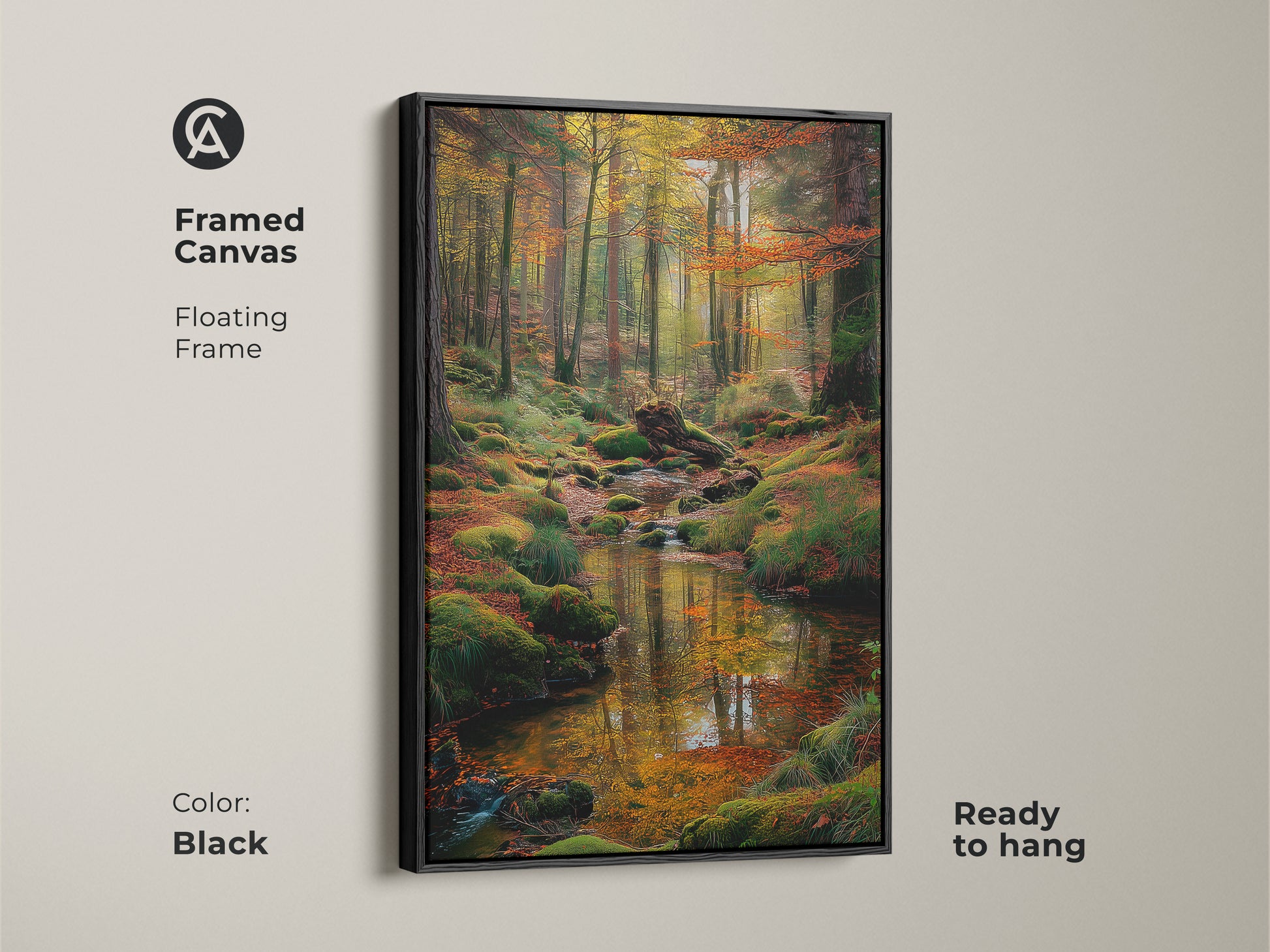 Black framed canvas artwork of a forest stream. The floating frame enhances the natural beauty of the scene. Ready to hang and easy to install. Perfect for adding a touch of nature to your home decor with this framed artwork.