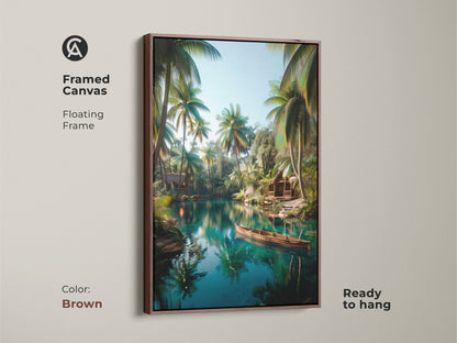 Framed canvas art with a brown floating frame displays a tropical lake. This artwork features a peaceful lake surrounded by palm trees and a small boat. The warm brown frame complements the serene scene. Ready to hang this art enhances your home.