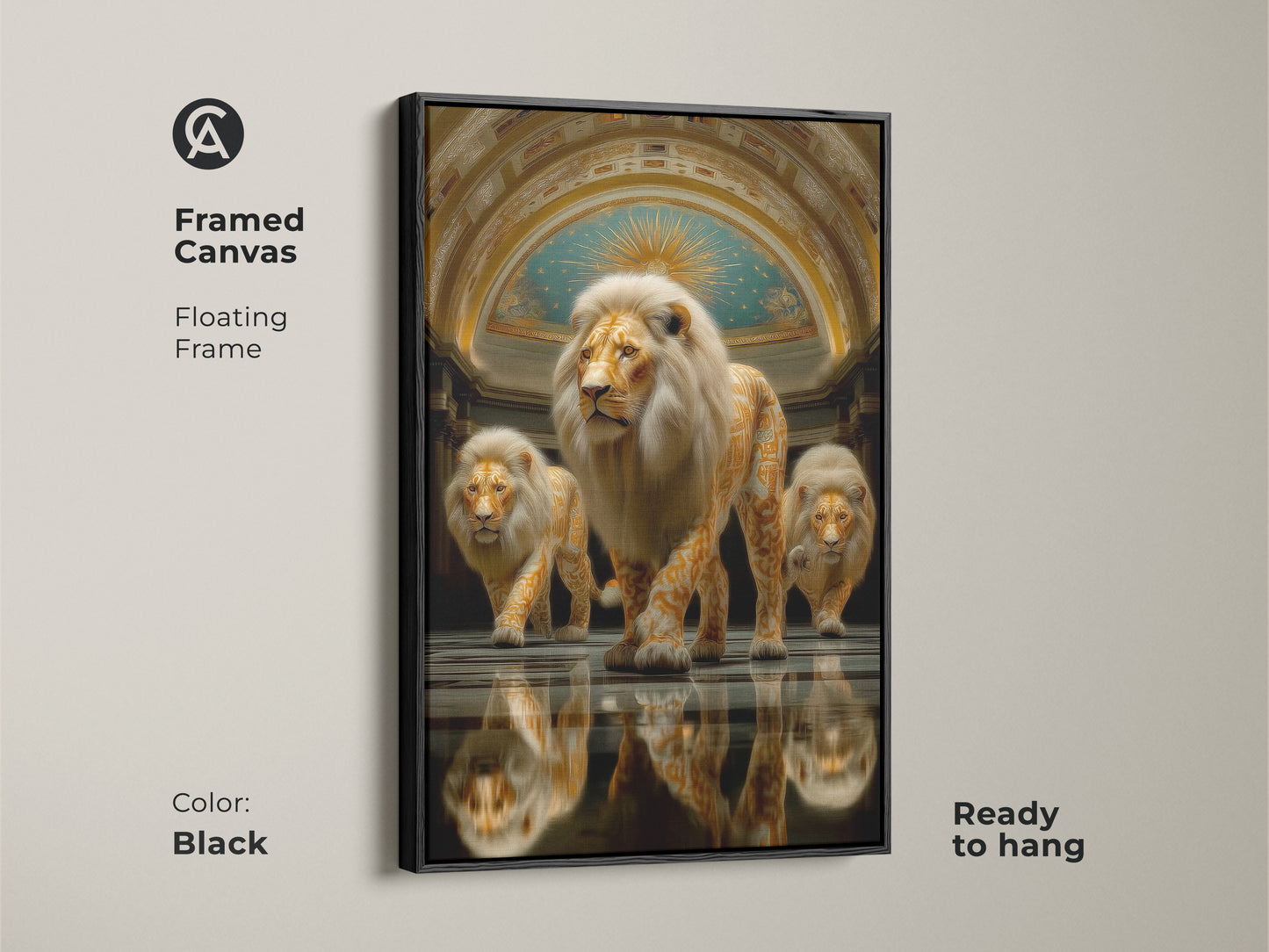 This framed canvas showcases the abstract gold lion art. It features a floating frame with a black color. The royalty animal theme art is ready to hang. Perfect for statement office art this majestic animal painting elevates any space.