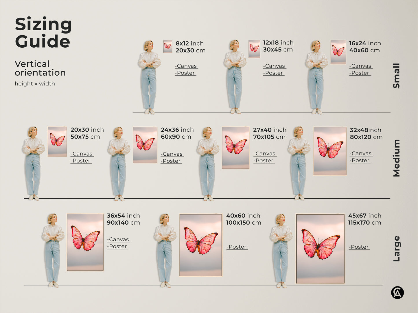Sizing guide for vertical orientation of minimalist butterfly art. The modern nature insect wall decor comes in various sizes. The pink peach and rose gold canvas is ideal as bedroom or office art. Choose from canvas or poster prints.