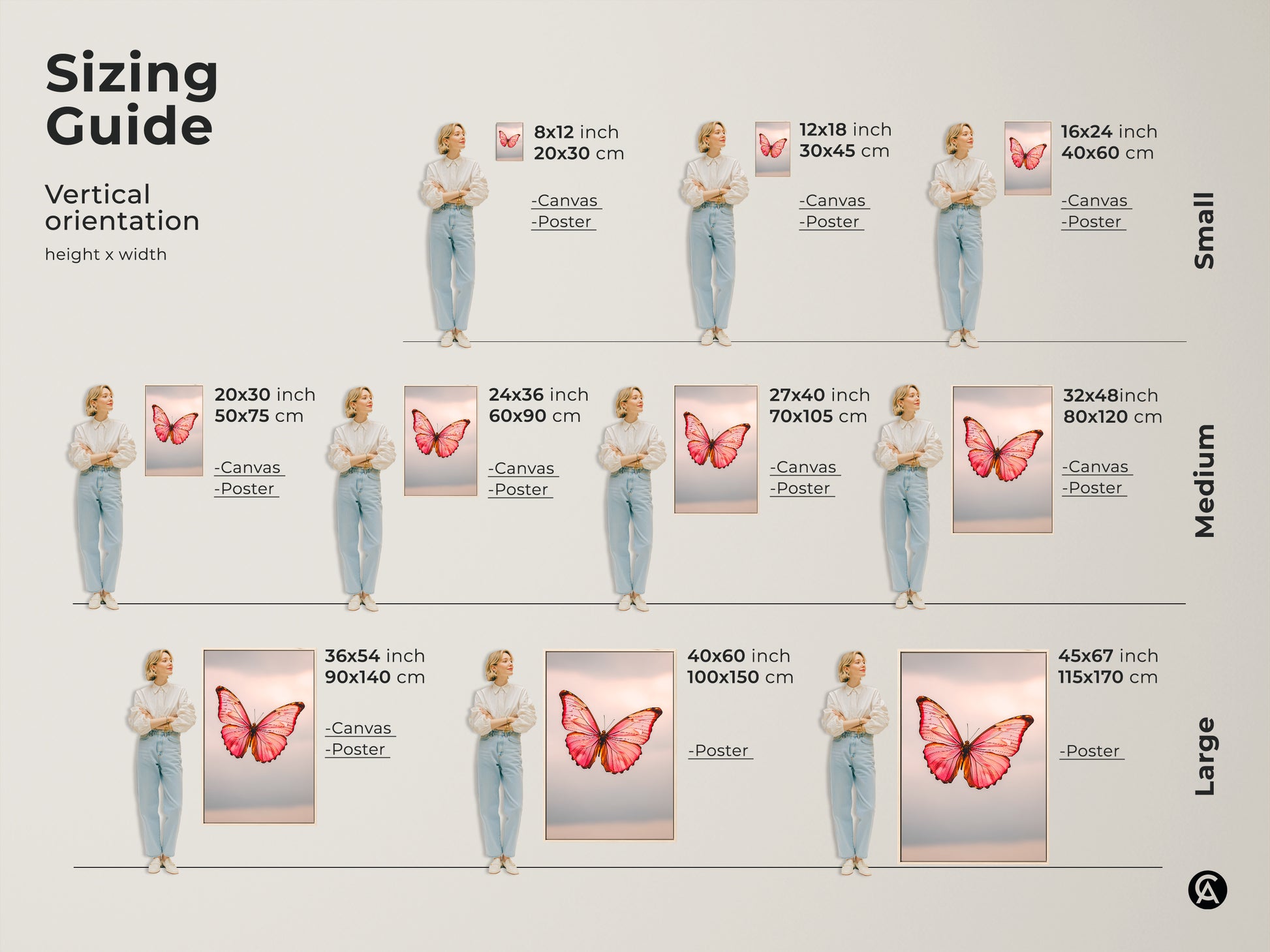 Sizing guide for vertical orientation of minimalist butterfly art. The modern nature insect wall decor comes in various sizes. The pink peach and rose gold canvas is ideal as bedroom or office art. Choose from canvas or poster prints.