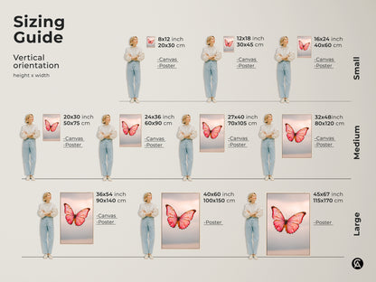 Sizing guide for vertical orientation of minimalist butterfly art. The modern nature insect wall decor comes in various sizes. The pink peach and rose gold canvas is ideal as bedroom or office art. Choose from canvas or poster prints.