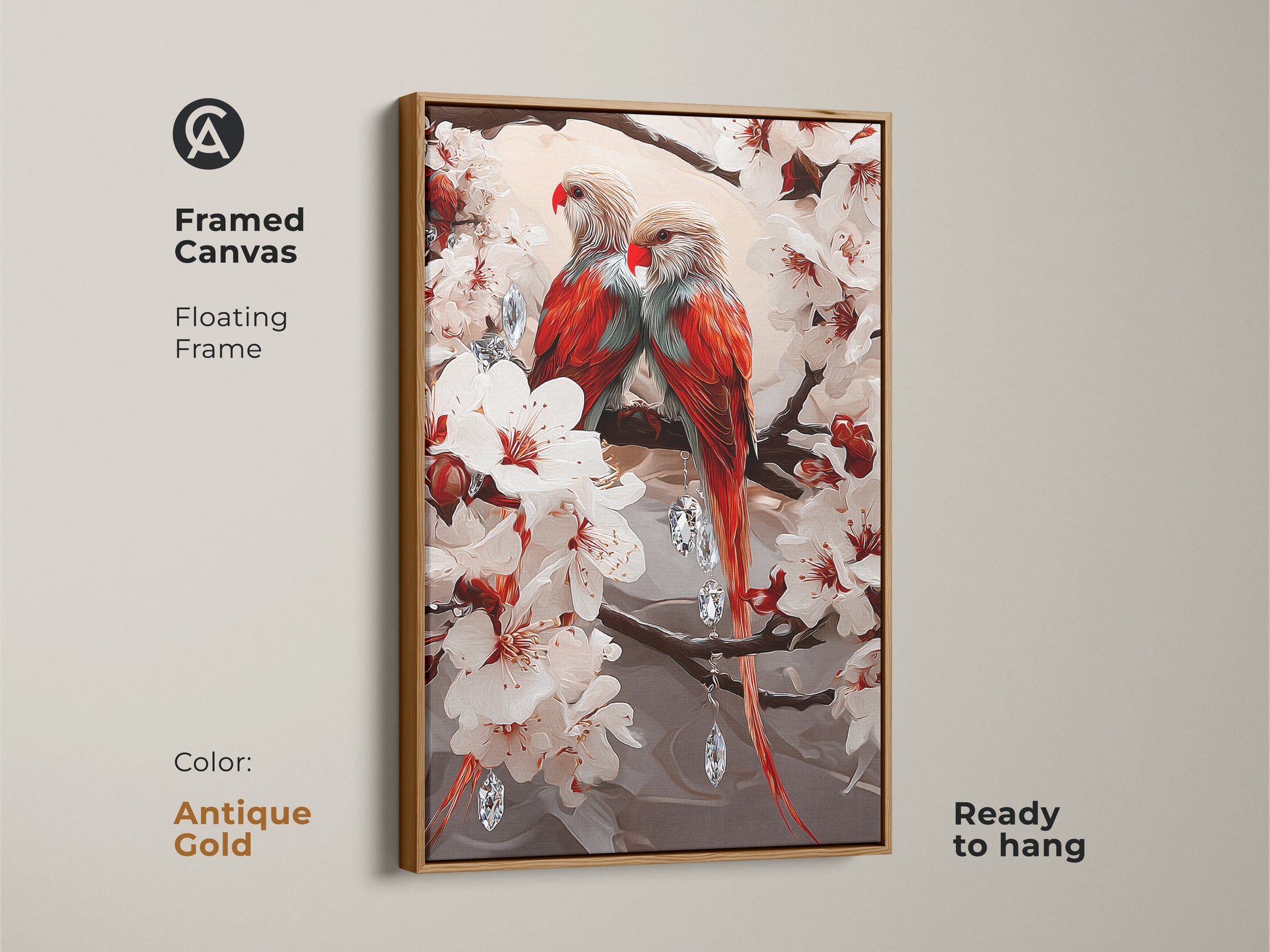 Framed parrots and cherry blossoms canvas with antique gold floating frame. This fine art canvas print is ready to hang. The romantic bird artwork is an artistic botanical print.