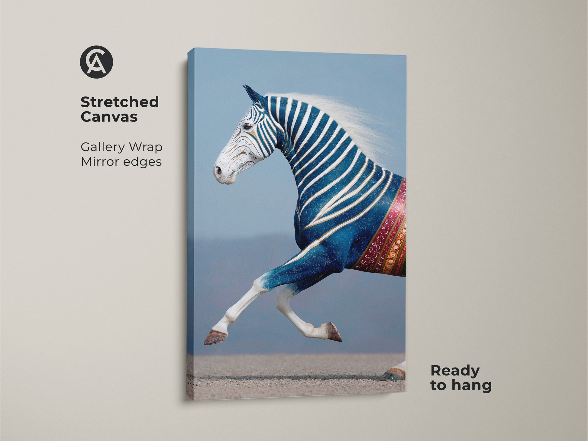 Stretched Canvas of a Surreal Animal Print. This eclectic bedroom canvas features an indigo zebra horse print. The gallery wrap and mirror edges enhance the artwork's appeal. Ready to hang this fantasy horse artwork adds a unique touch to your home decor. Perfect gift for animal lovers.