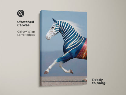 Stretched Canvas of a Surreal Animal Print. This eclectic bedroom canvas features an indigo zebra horse print. The gallery wrap and mirror edges enhance the artwork's appeal. Ready to hang this fantasy horse artwork adds a unique touch to your home decor. Perfect gift for animal lovers.