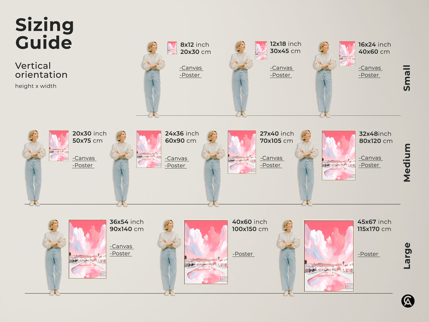 Sizing guide showing various dimensions for a pink resort canvas art. See how this modern abstract landscape print fits in different spaces. Available as both canvas and poster Contemporary Home Decor.