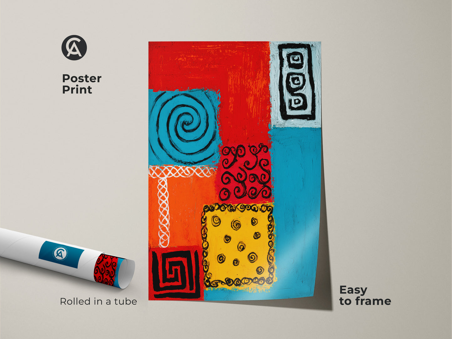 Enhance your home with a modern geometric art poster. This eclectic spiral wall art print features tribal symbols in red orange and blue tones. The abstract folk art print is easy to frame. Rolled in a tube ensure it arrives in perfect condition to complement your unique decor.