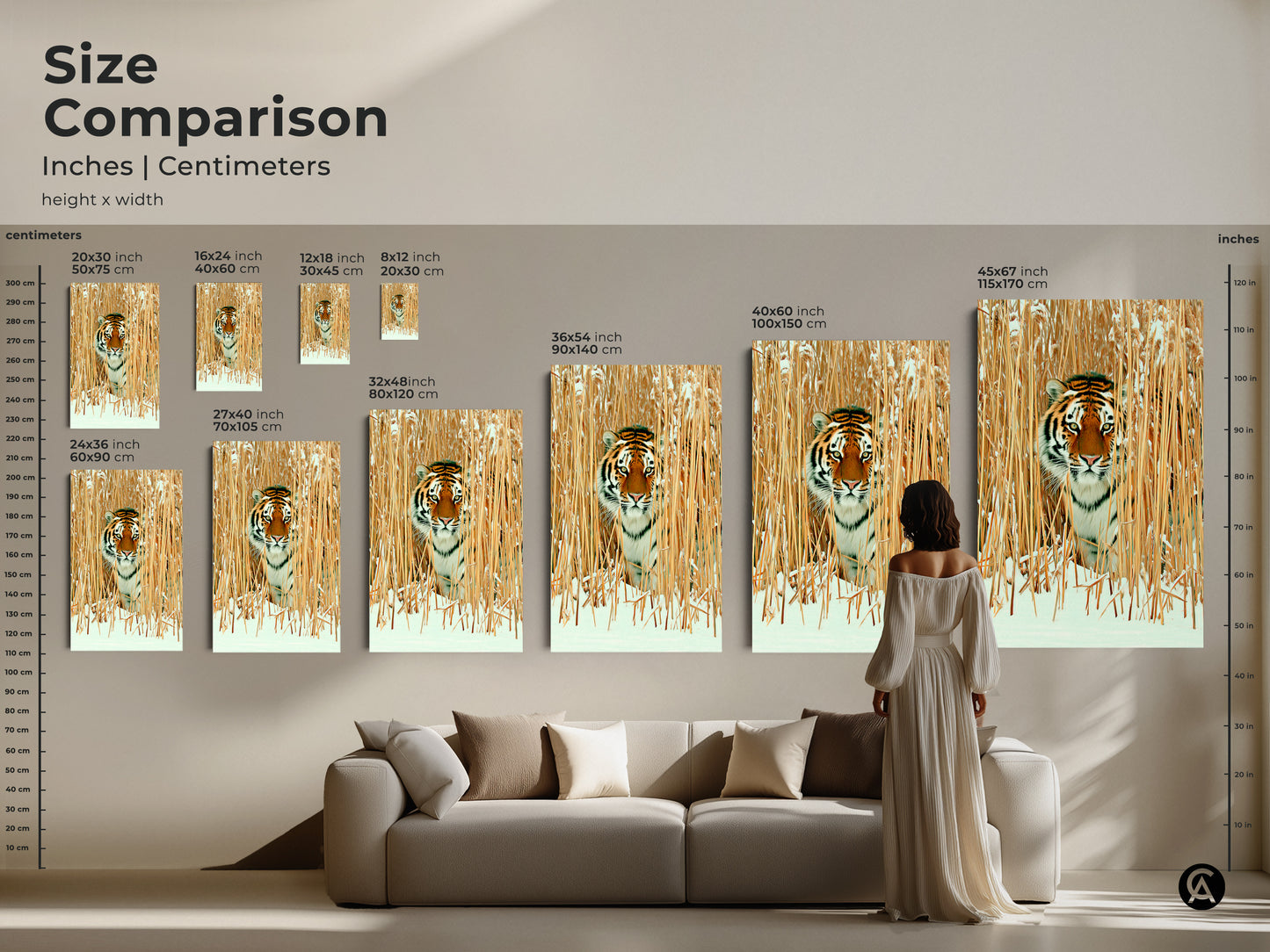 Size comparison of tiger in winter reeds art print. See how this wildlife canvas transforms living spaces. Choose from various sizes to enhance your decor. Rustic animal art blends with any interior design with warmth and sophistication. Perfect cozy home decor art.