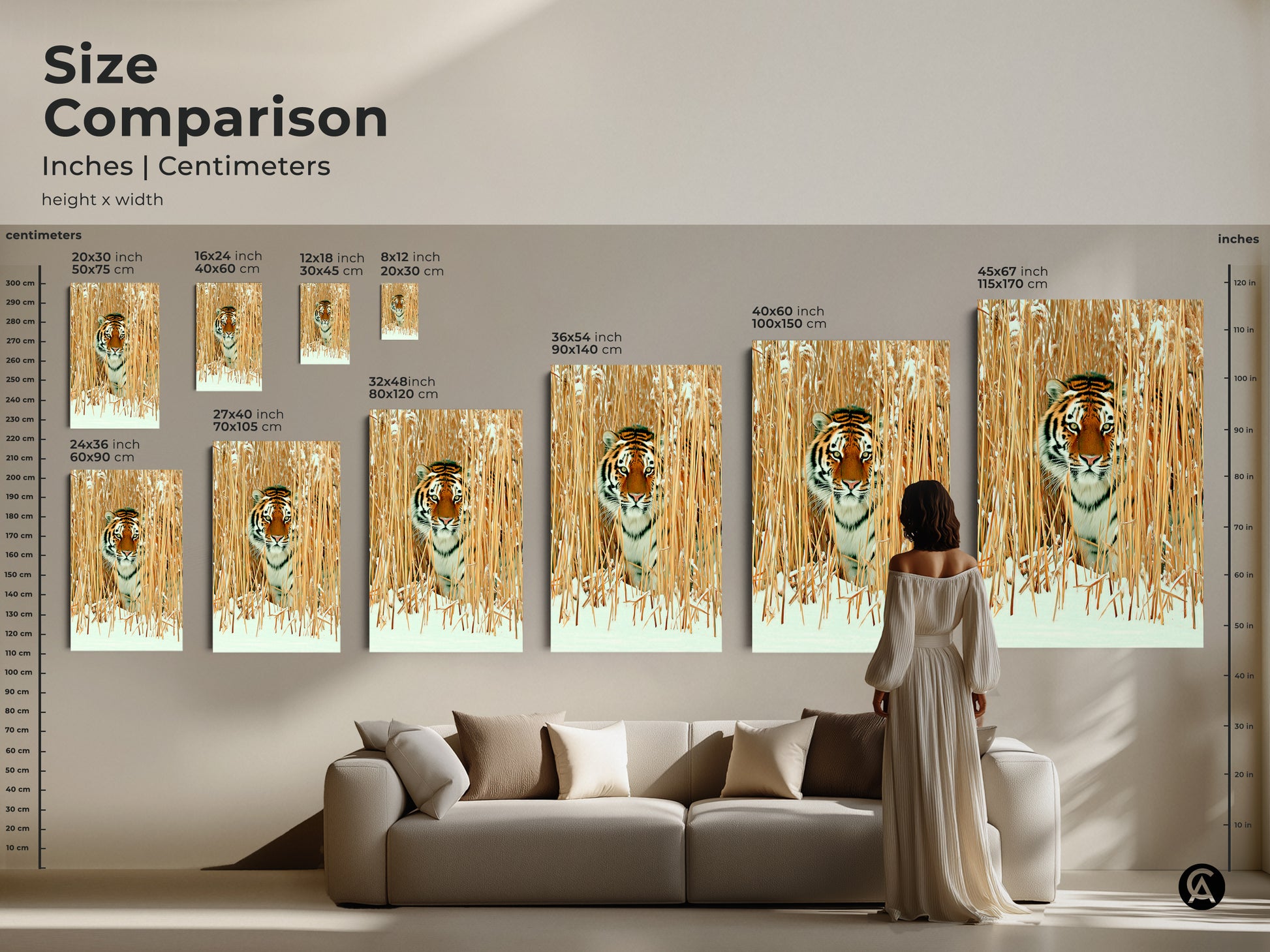 Size comparison of tiger in winter reeds art print. See how this wildlife canvas transforms living spaces. Choose from various sizes to enhance your decor. Rustic animal art blends with any interior design with warmth and sophistication. Perfect cozy home decor art.