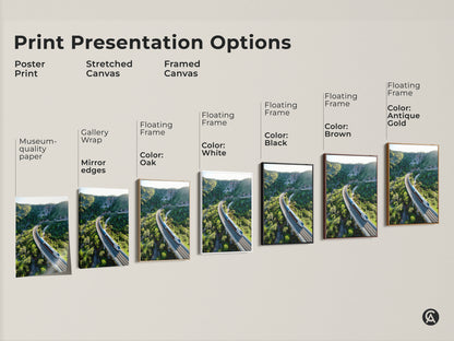 Explore print options for this stunning aerial train artwork. Choose from a poster print stretched canvas or framed canvas. Each option highlights the green mountain landscape. Find the perfect presentation to match your decor. These museum quality prints make wonderful gifts for travel and art enthusiasts.