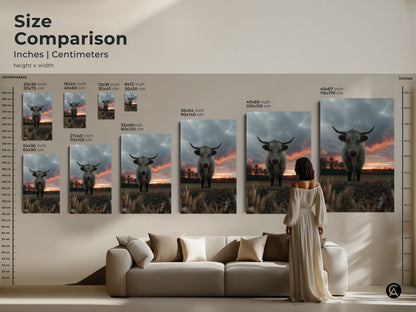 Size comparison of Highland cow art prints in inches and centimeters. See how different sizes fit above a sofa. Choose the perfect canvas or poster for your space. Farmhouse art that enhances your home decor. Find animal wall decor you love. Soft grey cow art.