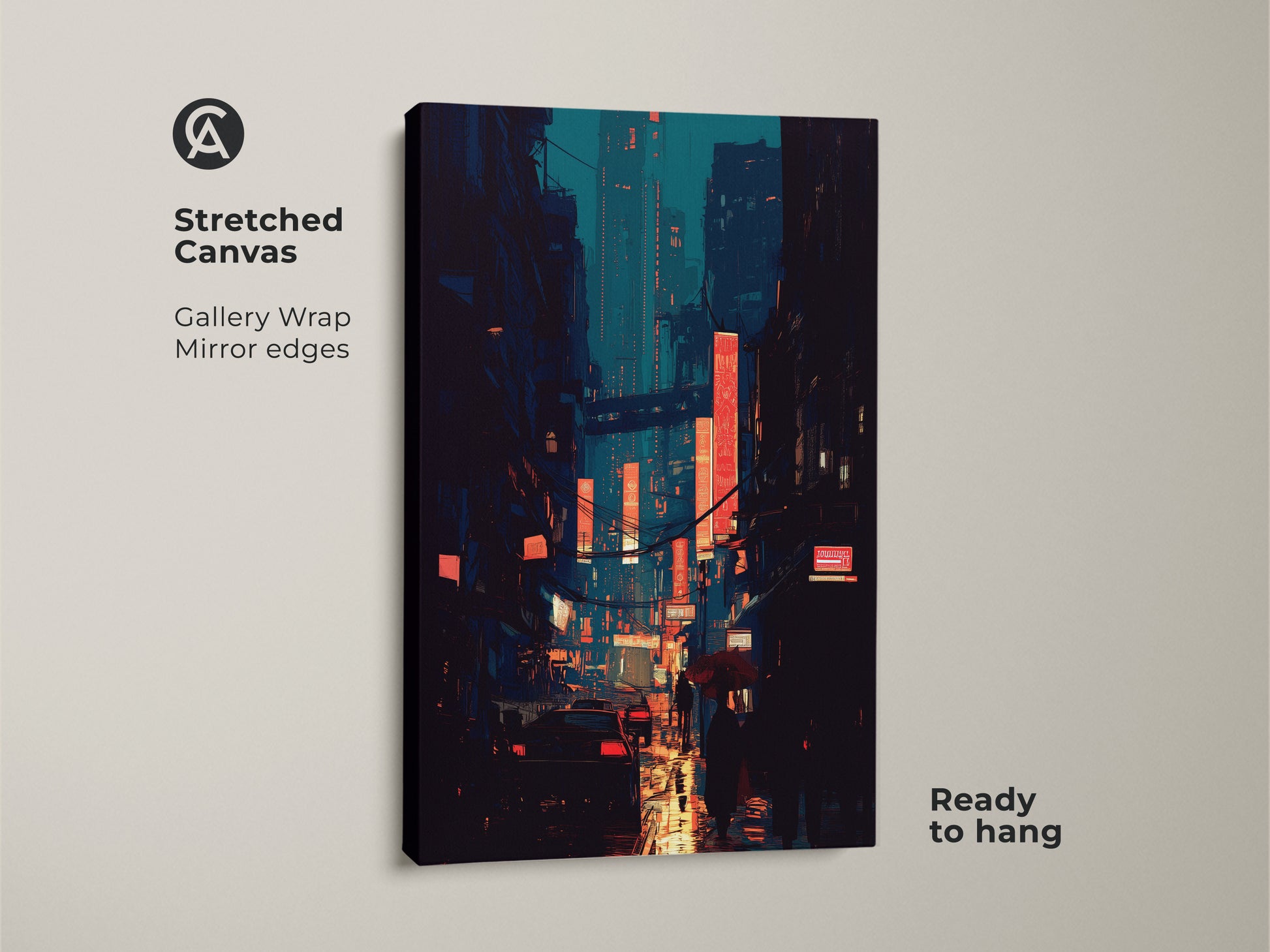 Stretched canvas art featuring a futuristic neon city print. Gallery wrapped with mirror edges this dark blue and teal cyberpunk cityscape wall art is ready to hang. The orange neon signs add a striking contrast. Ideal for a contemporary office or home decor.