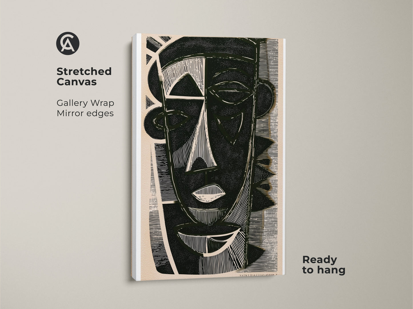 Stretched canvas of dark green abstract face art in a linocut style. This geometric portrait canvas is ready to hang. Ideal eclectic entryway decor bringing modern black and cream art.