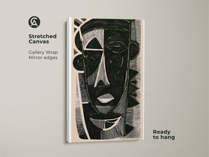 Stretched canvas of dark green abstract face art in a linocut style. This geometric portrait canvas is ready to hang. Ideal eclectic entryway decor bringing modern black and cream art.