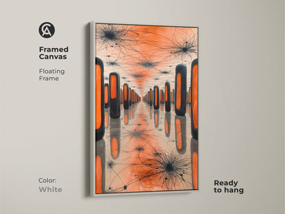 White framed canvas featuring geometric surreal artwork. Abstract orange and black rectangles provide a high contrast wall decor option. Ready to hang it brings a minimalist touch to any modern office or home.