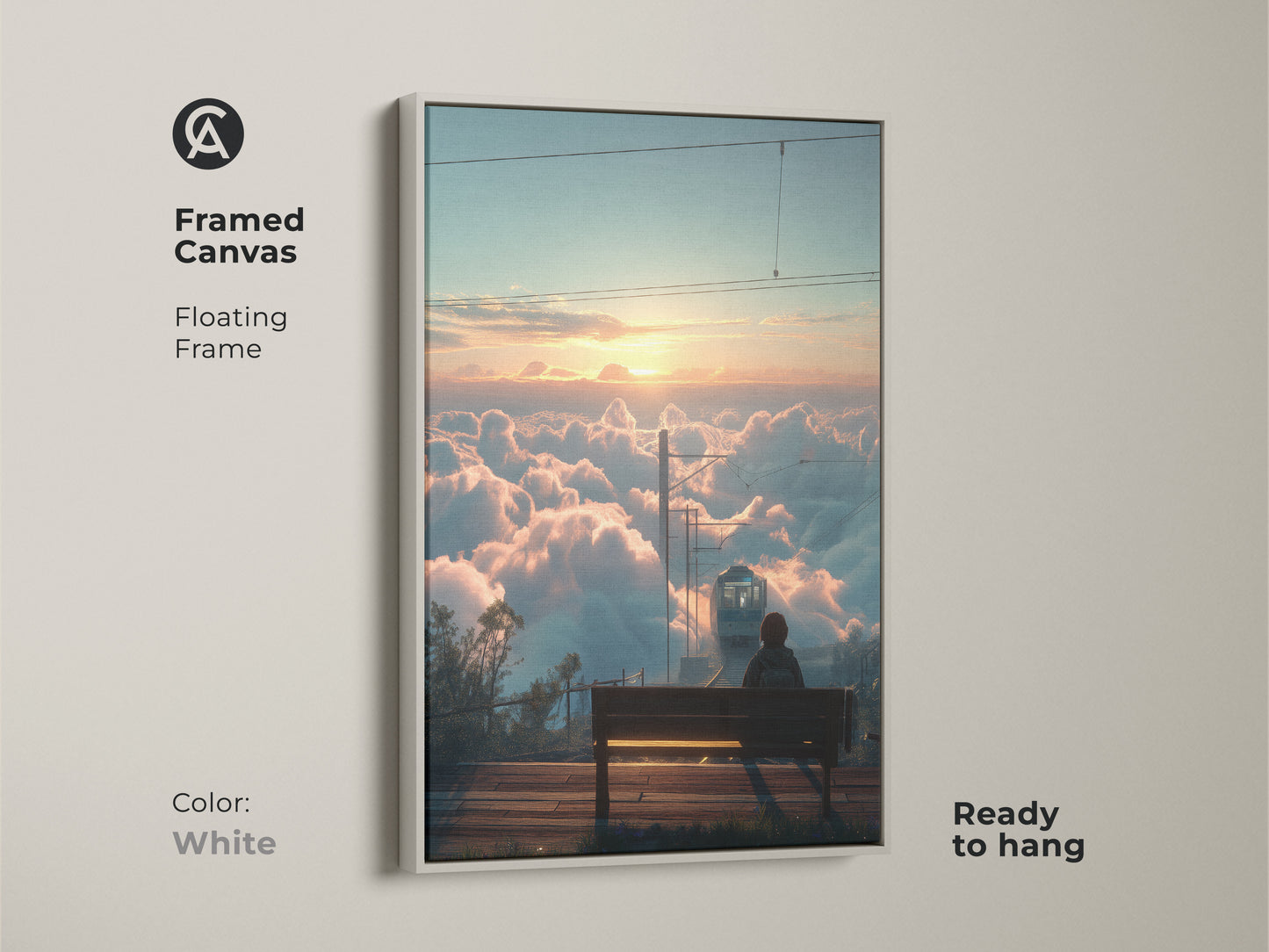 Framed canvas with a floating white frame featuring a train above the clouds at sunrise. This cinematic landscape wall art is ready to hang. The dreamy travel artwork brings a touch of wonder to your home. Perfect for contemporary interiors and as a unique wall decor gift. A serene nature sunrise print.