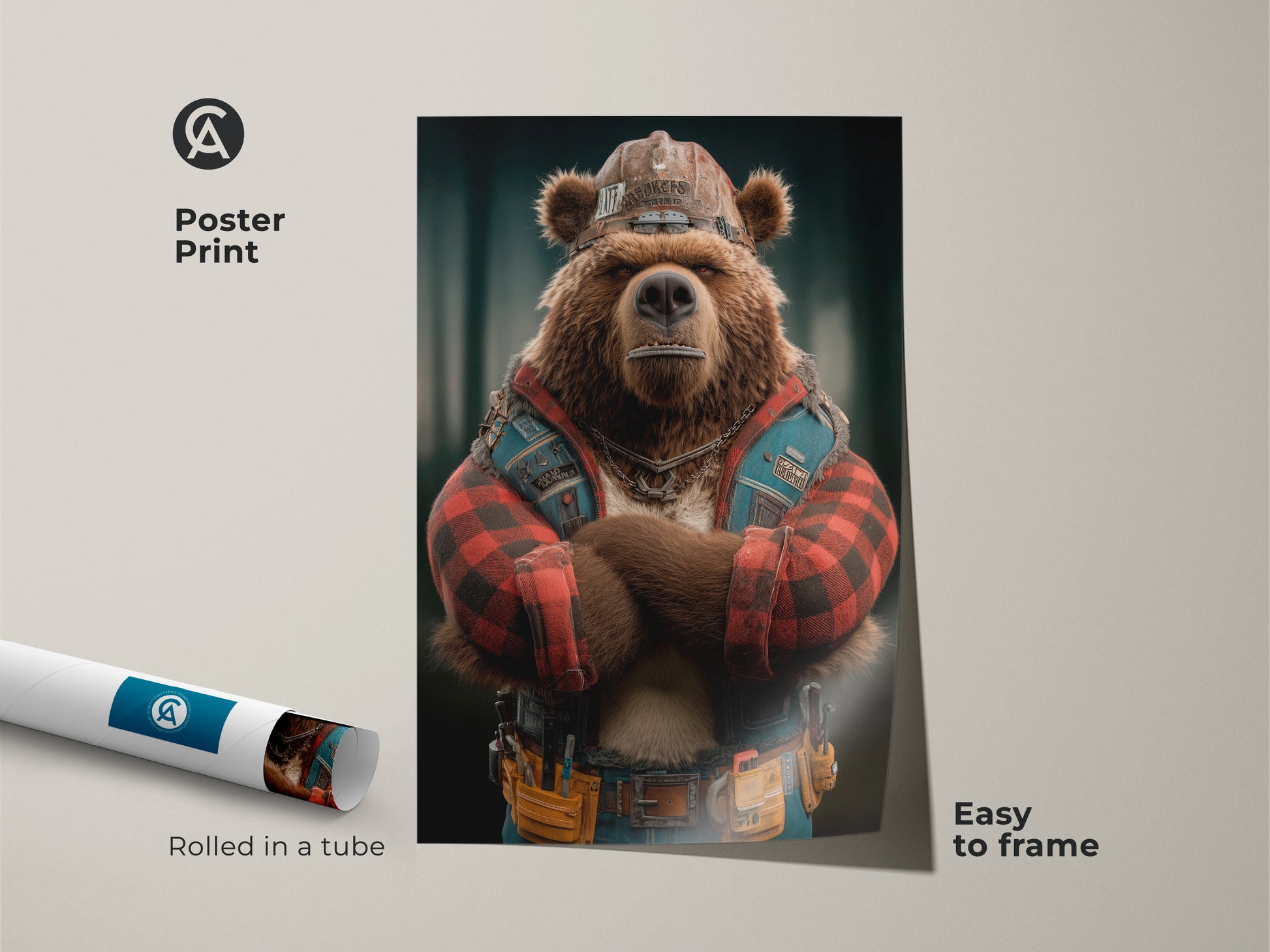 Poster Print Industrial Bear Art This digital artwork features a bear dressed as a construction worker. It's a unique animal art print ideal for a man cave or workshop. This rustic home office art is easy to frame and adds character to any space