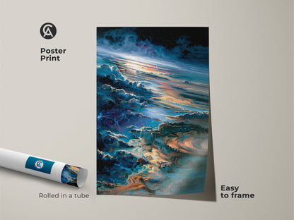 Poster print of a space cloudscape. Rolled in a tube for easy framing. This museum-quality paper print brings cosmic beauty to your walls. The artwork showcases vibrant colors and intricate details. Buy this poster for a celestial-inspired room decor.