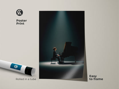 Piano art poster print showcases a musician in a spotlight. This artwork arrives rolled in a tube for easy framing. Perfect for adding a touch of musical inspiration to your home decor. Explore our collection of art prints today