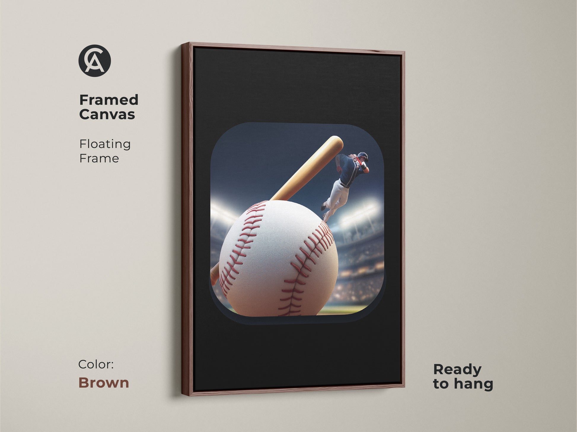 Framed canvas art of baseball player in action. Modern baseball art print with floating frame in brown. This sports wall art is ideal for a man cave. Great contemporary baseball decor. Perfect as a gift for baseball fan dad. A dynamic sports artwork to enjoy.