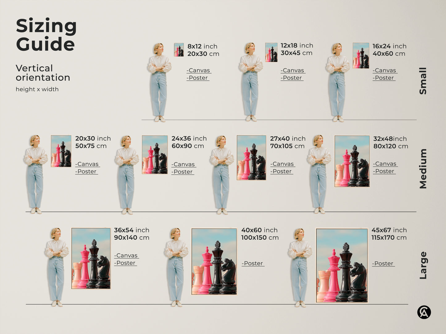 Sizing guide for vertical chess artwork. It includes various canvas and poster sizes. Visualize how pink King and Queen with black Knight art fits in small medium and large spaces. Perfect for planning your game room or office decor.