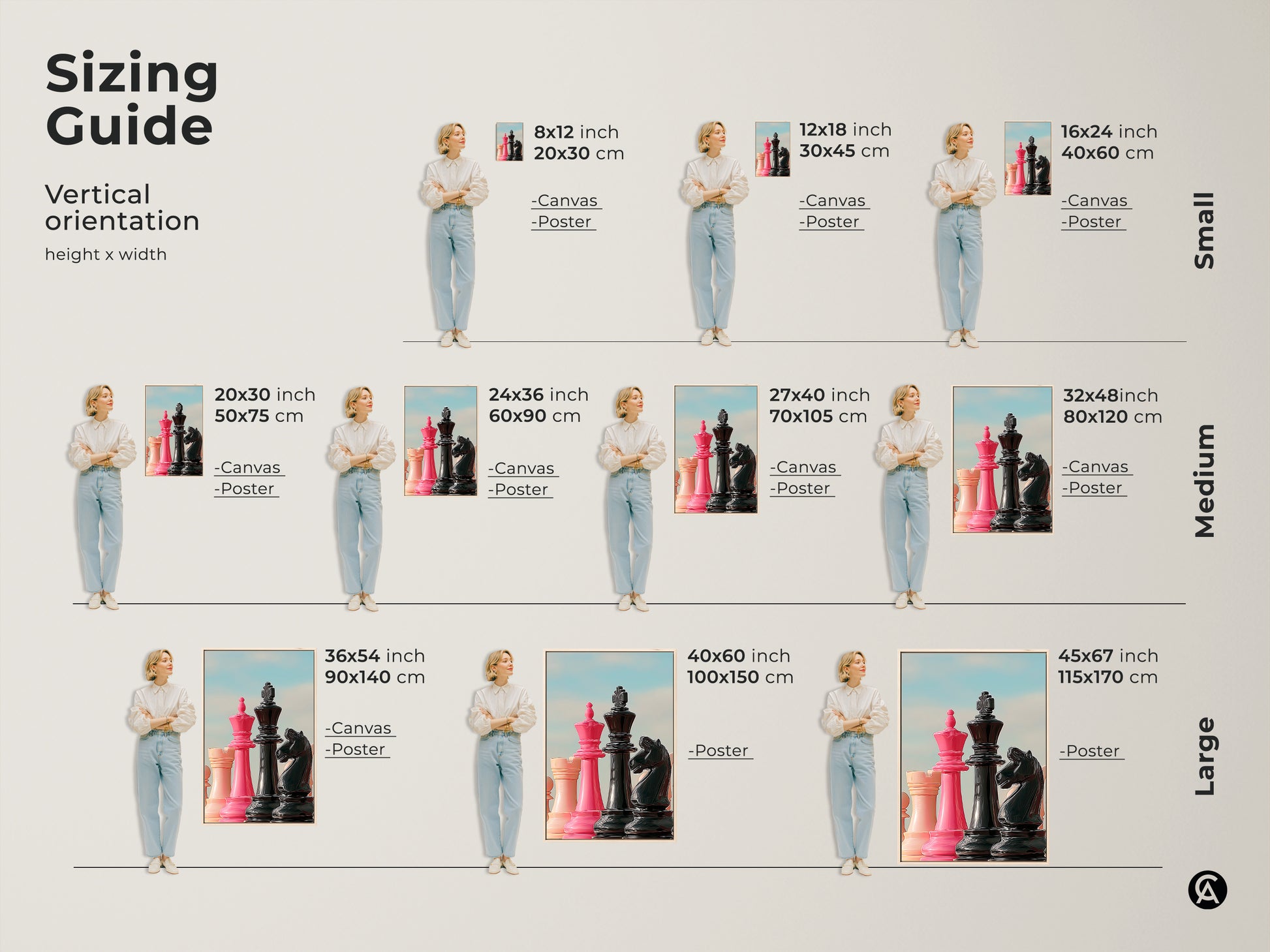 Sizing guide for vertical chess artwork. It includes various canvas and poster sizes. Visualize how pink King and Queen with black Knight art fits in small medium and large spaces. Perfect for planning your game room or office decor.