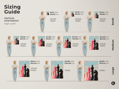 Sizing guide for vertical chess artwork. It includes various canvas and poster sizes. Visualize how pink King and Queen with black Knight art fits in small medium and large spaces. Perfect for planning your game room or office decor.