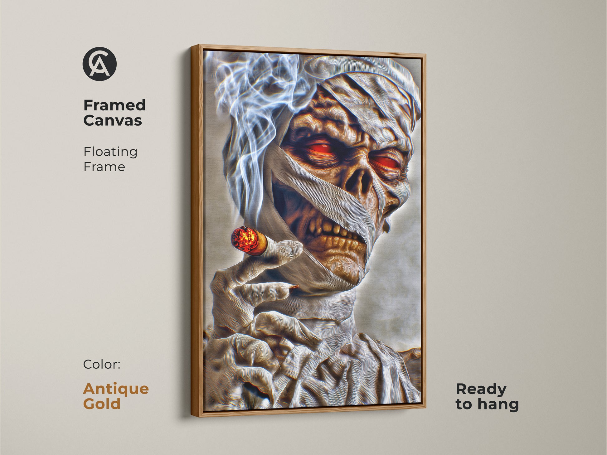 A framed canvas featuring a mummy with glowing red eyes. This gothic horror artwork has a floating frame in antique gold. The mummy smokes a cigar. It's ready to hang. A unique piece of dark fantasy artwork.