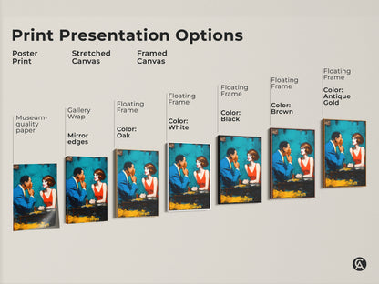 Explore our print presentation options for this captivating artwork. Choose from poster prints to stretched canvas. We also offer framed canvas with various floating frame colors. Find the perfect style to match your taste. Elevate your home decor with unique art prints. Shop now and transform your space.