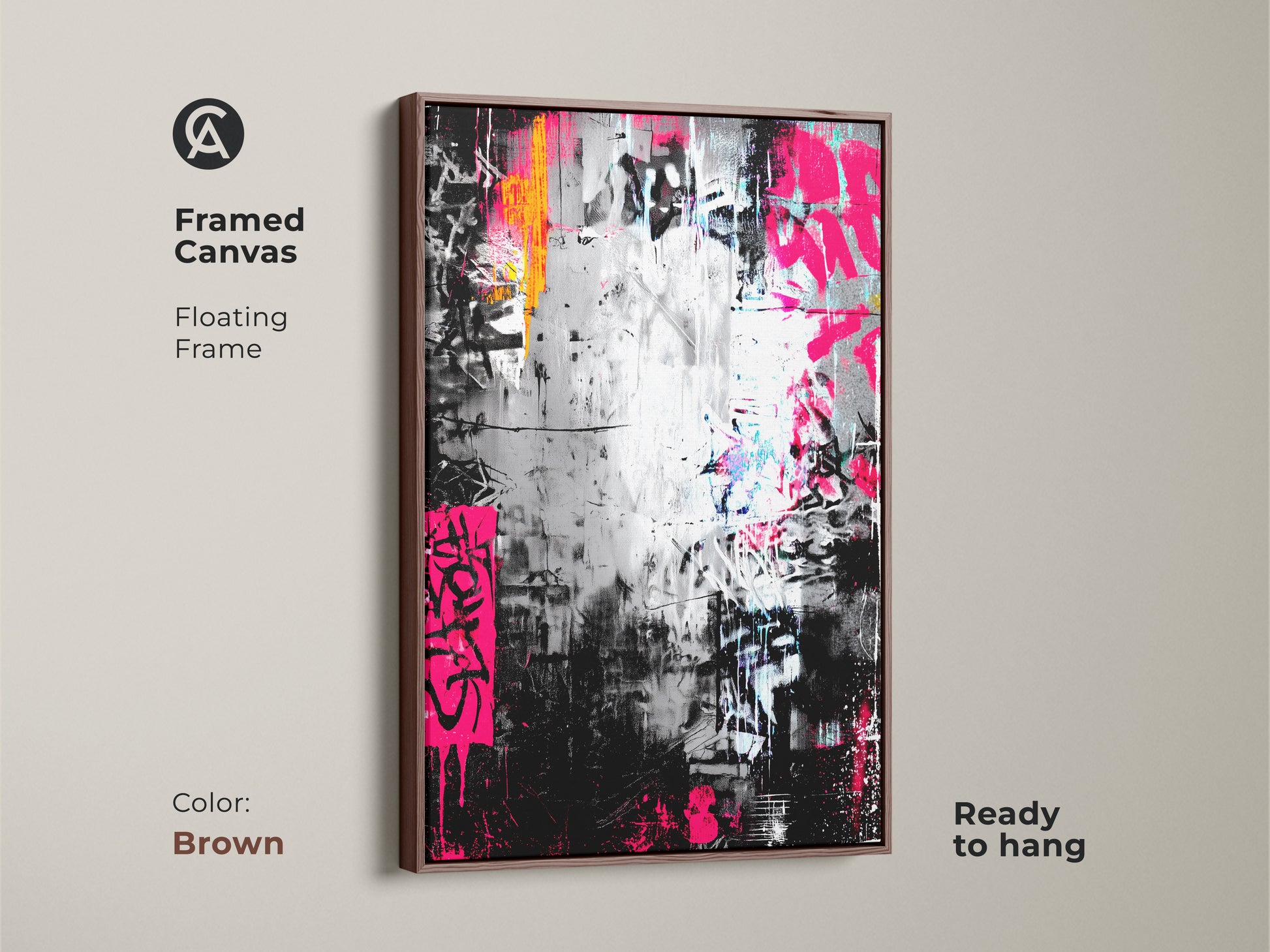 Framed canvas of graffiti artwork with a brown floating frame. The artwork displays pink and orange accents on a silver and black background. This ready-to-hang canvas adds urban style.