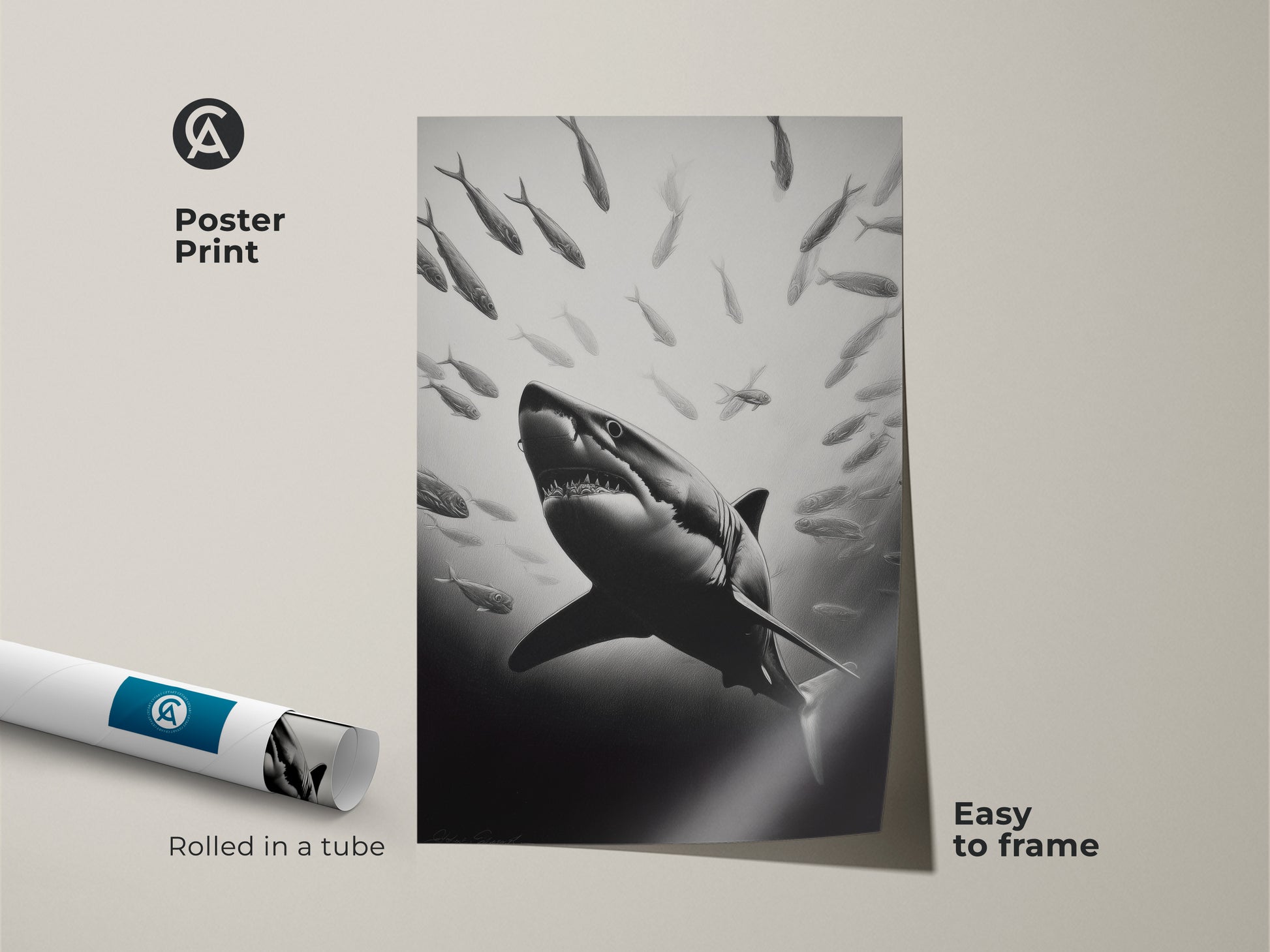 A poster print featuring a Great White Shark surrounded by a school of fish. This monochrome shark ocean wildlife wall art is rolled in a tube. It is easy to frame and decorate your living room or office.