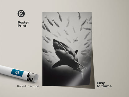 A poster print featuring a Great White Shark surrounded by a school of fish. This monochrome shark ocean wildlife wall art is rolled in a tube. It is easy to frame and decorate your living room or office.