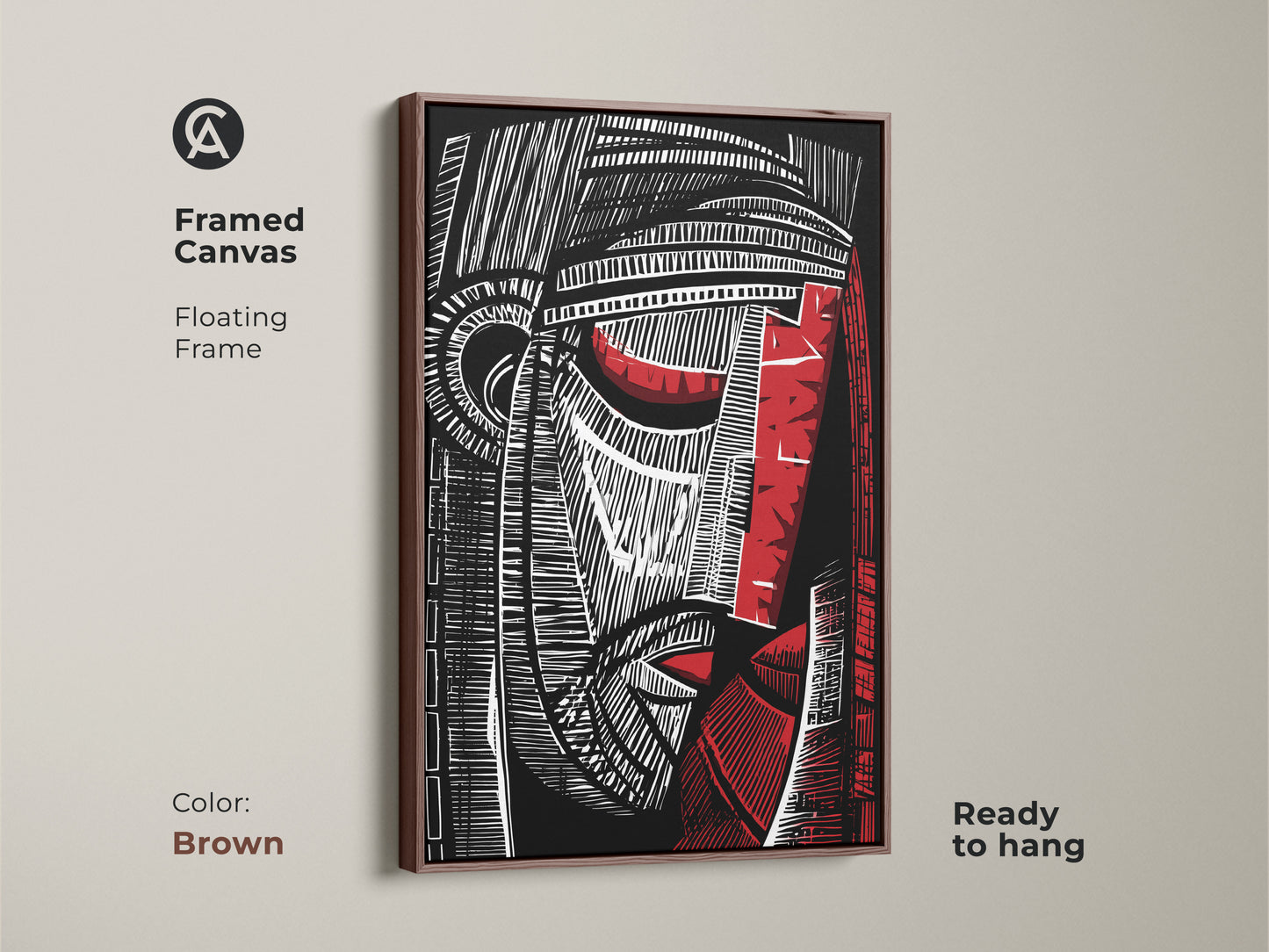 Framed canvas featuring a black red and white abstract face. This cubist portrait wall art with a floating frame is ready to hang. Perfect modern artwork for a study or office. The brown frame complements the linocut style art.