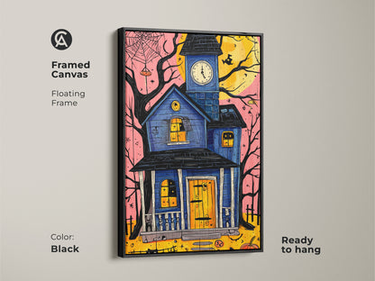 Framed canvas featuring a haunted house art print in a black floating frame. Spooky Halloween wall decor with a black cat and pumpkin. The eclectic blue yellow orange artwork is ready to hang adding a unique touch.