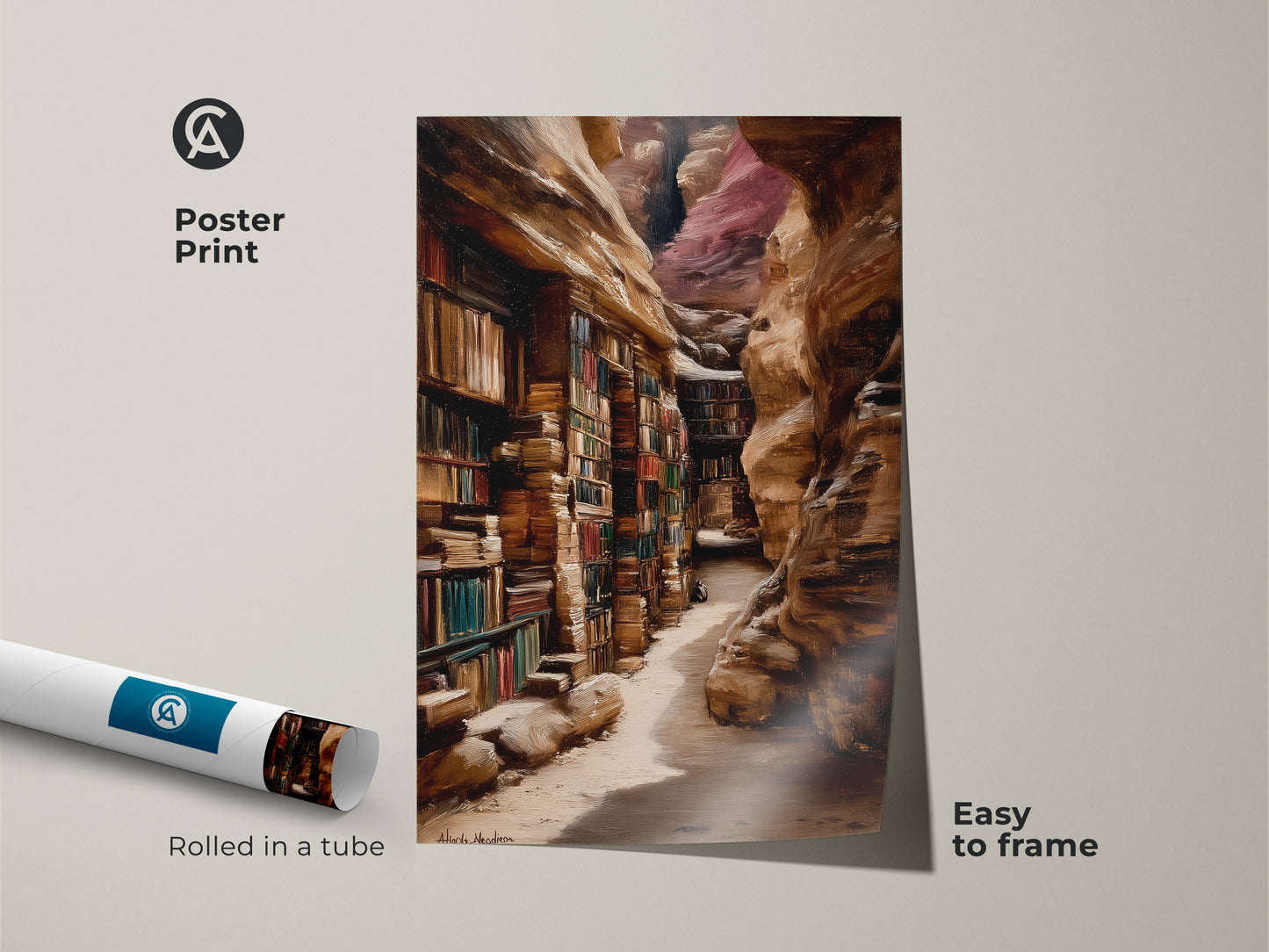 This poster print showcases a canyon library artwork. It is rendered in an oil painting style. This traditional study decor suits book lovers and admirers of realistic architecture. A unique wall hanging for a home office or reading nook. Tan and brown canvas adds warmth to any room.