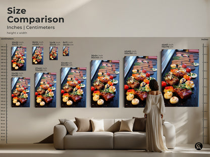 Size comparison for gourmet steak and vegetable art prints. See how each canvas or poster size fits above a couch. Visualize the impact of modern kitchen wall art in your living space. Red orange and brown tones bring contemporary cuisine to life. Perfect kitchen wall art for food lovers home bars and restaurants.