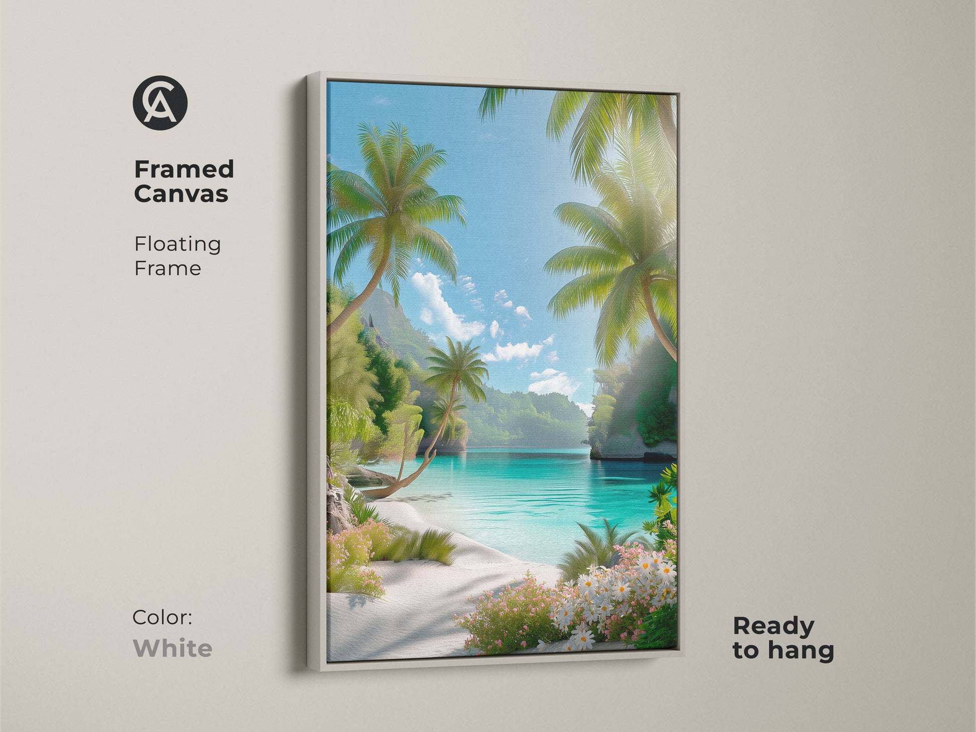 Framed canvas print capturing a tropical beach scene. The white floating frame complements the serene waters and palm trees. Bring the beauty of a secluded beach to your home. This ready-to-hang art enhances your decor.