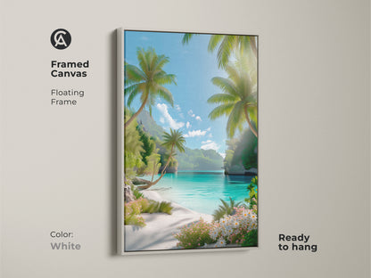 Framed canvas print capturing a tropical beach scene. The white floating frame complements the serene waters and palm trees. Bring the beauty of a secluded beach to your home. This ready-to-hang art enhances your decor.