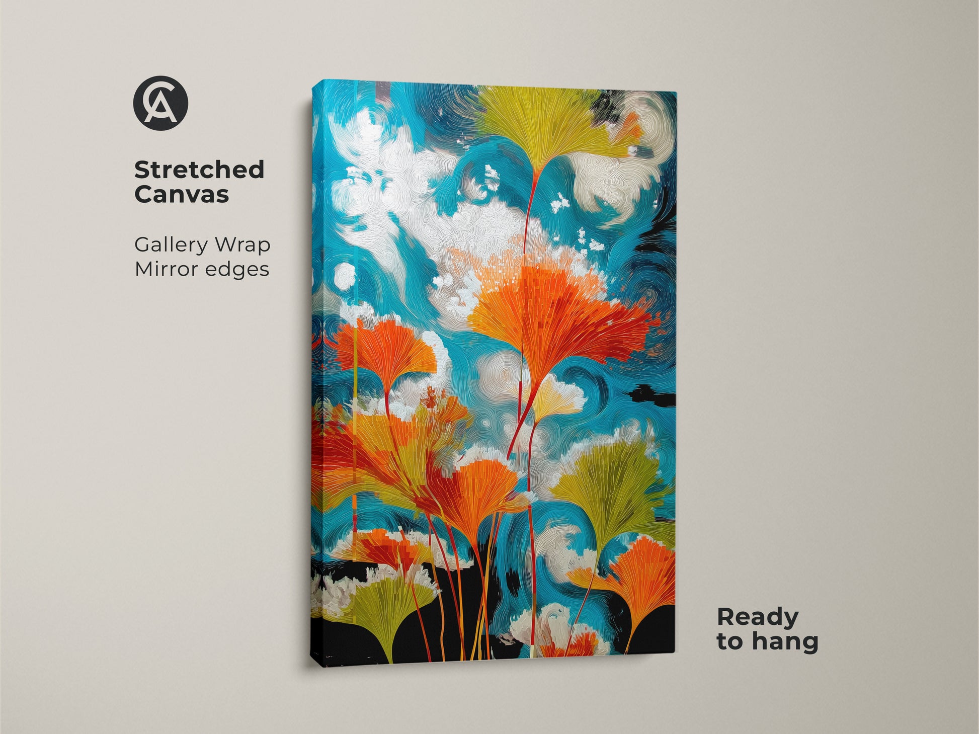 Stretched canvas art showcasing abstract ginkgo leaf artwork with teal orange botanical elements. A swirling sky art print gives a modern nature feel. Eclectic home decor is ready to hang with gallery wrap and mirror edges. Perfect plant lover wall art for a vibrant bedroom or office.