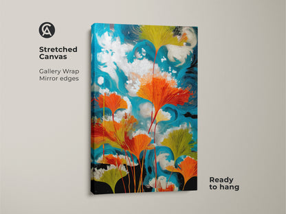 Stretched canvas art showcasing abstract ginkgo leaf artwork with teal orange botanical elements. A swirling sky art print gives a modern nature feel. Eclectic home decor is ready to hang with gallery wrap and mirror edges. Perfect plant lover wall art for a vibrant bedroom or office.