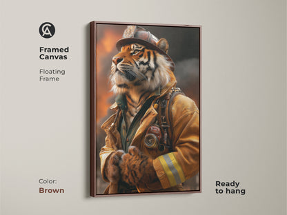 Brown framed canvas showcasing a tiger firefighter. The floating frame is ready to hang. This fantasy animal portrait is an inspiring and unique piece. It adds an eclectic touch to any home or office and is a great birthday gift for men.