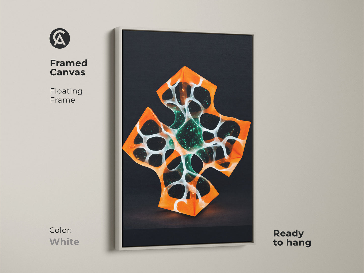 Framed canvas art displaying abstract geometric patterns. A white floating frame surrounds it. The futuristic artwork includes an orange and white cross. Ideal wall hanging for modern tech inspired home decor.