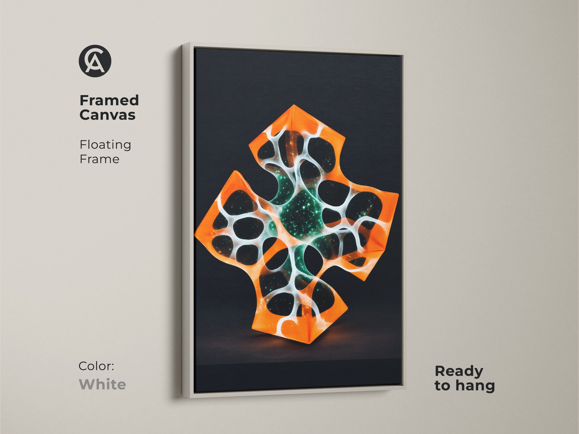 Framed canvas art displaying abstract geometric patterns. A white floating frame surrounds it. The futuristic artwork includes an orange and white cross. Ideal wall hanging for modern tech inspired home decor.