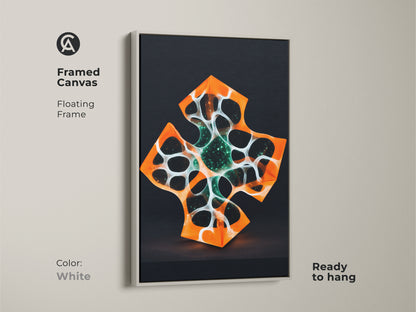 Framed canvas art displaying abstract geometric patterns. A white floating frame surrounds it. The futuristic artwork includes an orange and white cross. Ideal wall hanging for modern tech inspired home decor.