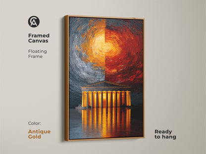 Framed canvas artwork of an abstract Greek temple with an antique gold floating frame. The vibrant orange yellow art contrasts the cool blue grey abstract. Ready to hang it's a modern office decor that adds style. Its a unique contemporary print.