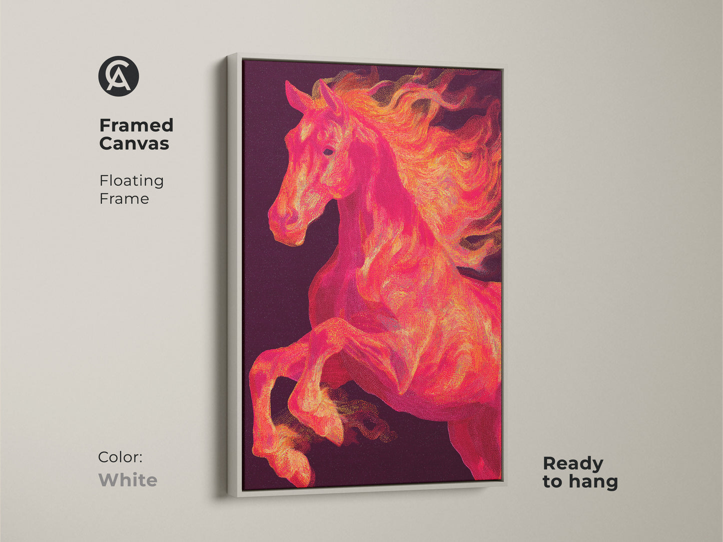 Framed canvas print of a dynamic horse artwork in a white floating frame. The horse rears up against a dark backdrop. This equine art piece is ready to hang. The canvas provides texture.
