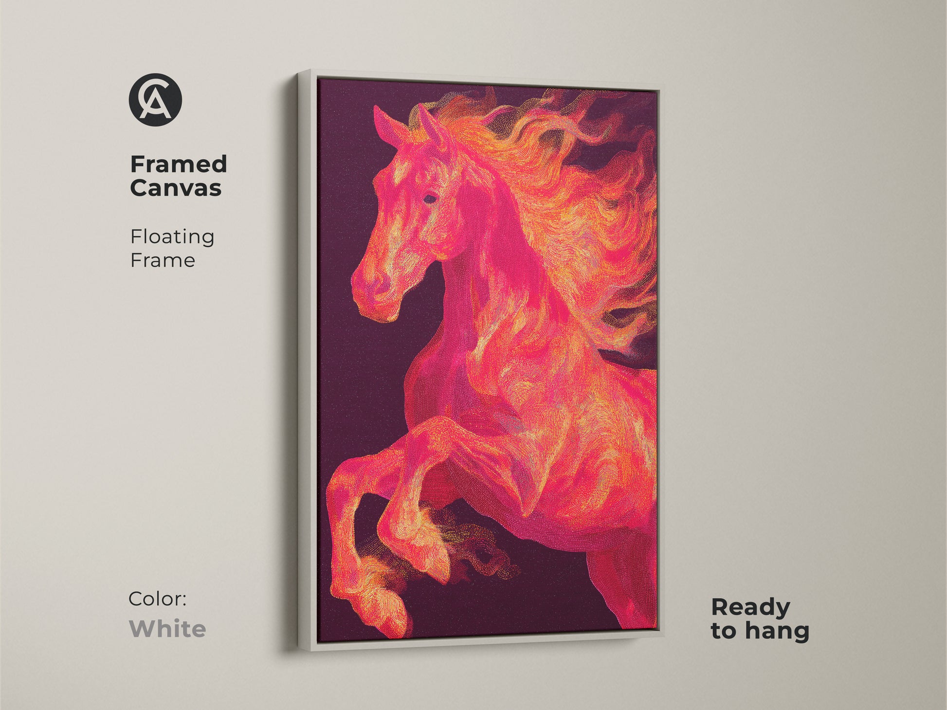 Framed canvas print of a dynamic horse artwork in a white floating frame. The horse rears up against a dark backdrop. This equine art piece is ready to hang. The canvas provides texture.