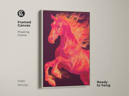 Framed canvas print of a dynamic horse artwork in a white floating frame. The horse rears up against a dark backdrop. This equine art piece is ready to hang. The canvas provides texture.