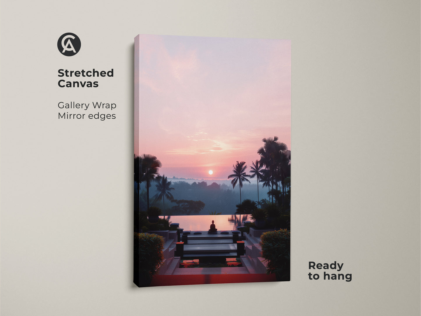 Stretched canvas art featuring a Zen Buddha statue by an infinity pool. The tropical sunset landscape creates a peaceful retreat. The pink and orange hues evoke a calming atmosphere for yoga or meditation. This boho artwork is ready to hang and adds a touch of zen to any room.