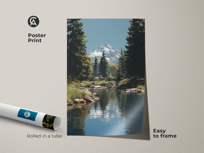 Poster print of a stunning mountain river landscape featuring snow-capped peaks and forest pine trees. This realistic nature artwork is easy to frame and arrives rolled in a tube. A great choice for adding alpine scenery to your home or as a gift for nature lovers.